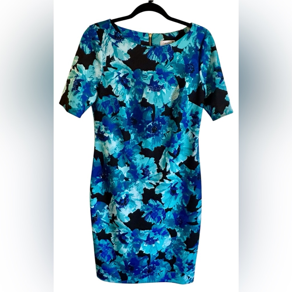 Calvin Klein Blue Floral Sheath Dress Sz 10 Knee Length Career Stretch Zip Back